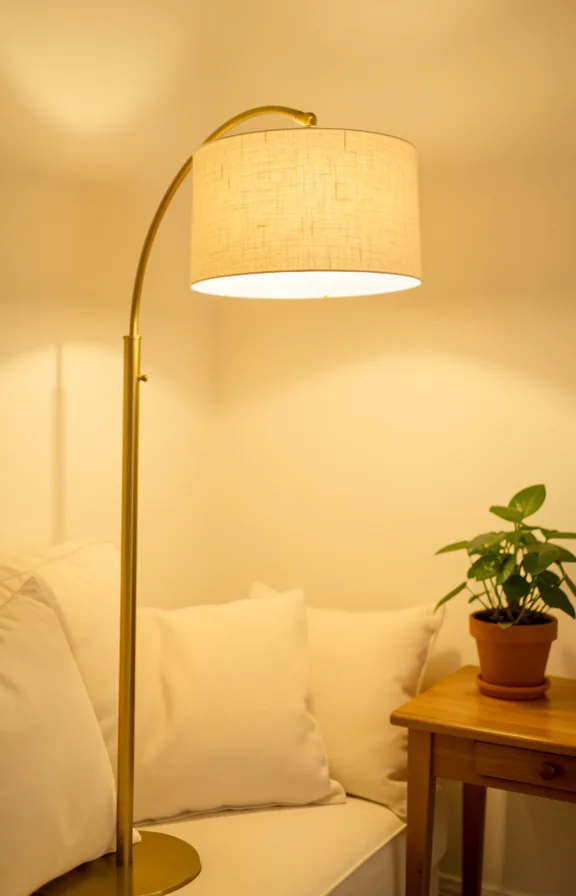 Cosy corner of a small living room featuring a tall brass arc floor lamp with linen shade
