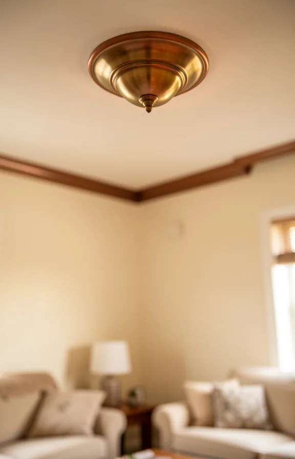 Small living room ceiling detail featuring warm brass or copper ceiling fixture or trim