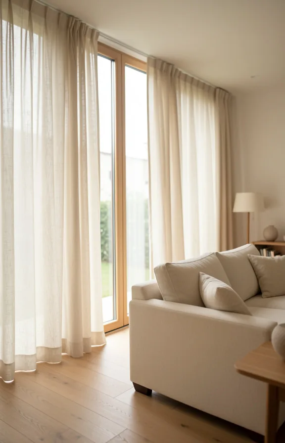 Floor-to-ceiling living room window with cream linen curtains in soft folds