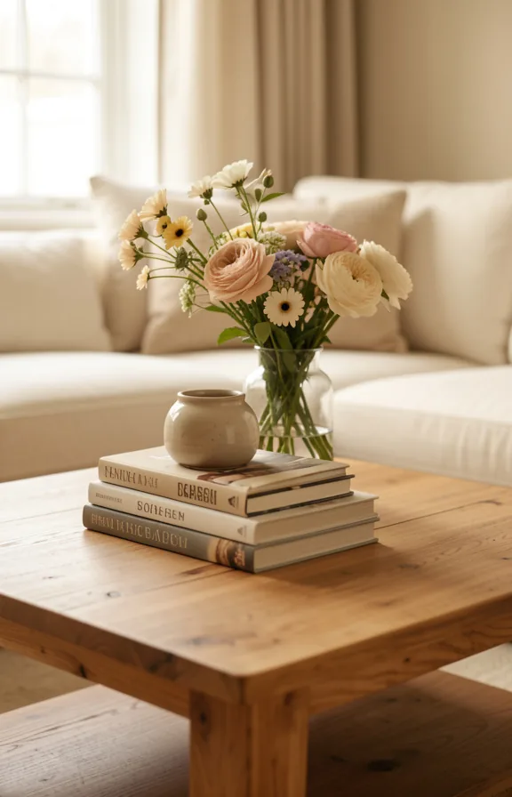 Low wooden coffee table styled with stacked books