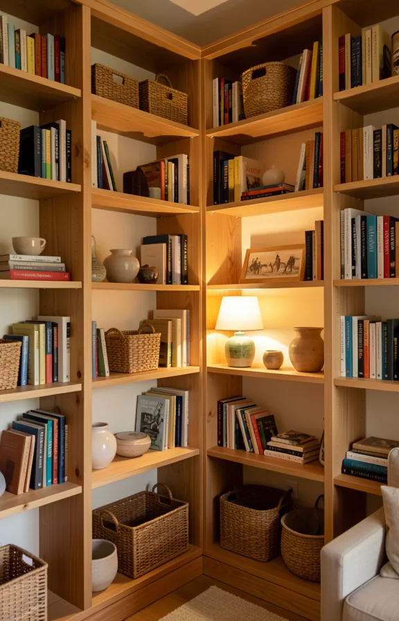 Corner of small living room with floor-to-ceiling wooden bookshelf filled with books
