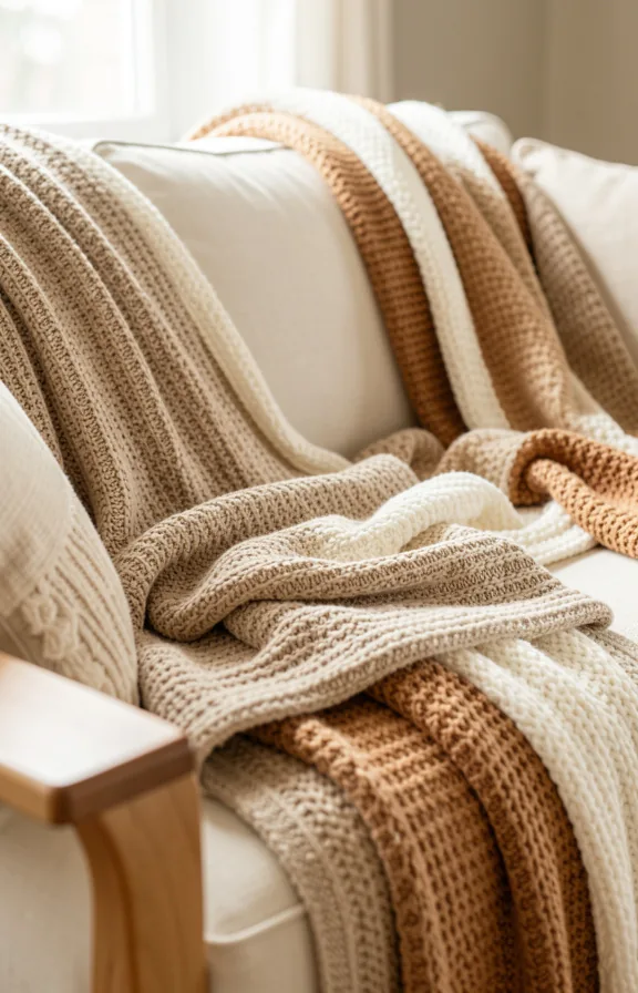 Cream sofa layered with multiple textured throw blankets in beige