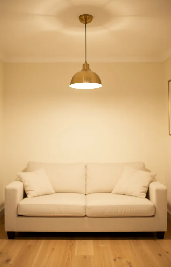 Small living room ceiling with warm brass pendant light fixture