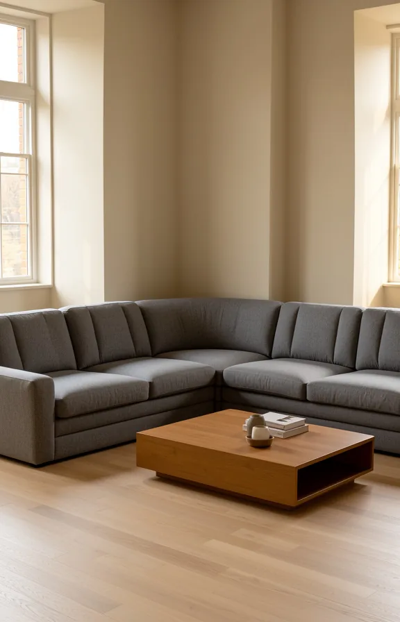 3/4 view of an L-shaped living room with a large grey sectional sofa fitting snugly into the corner