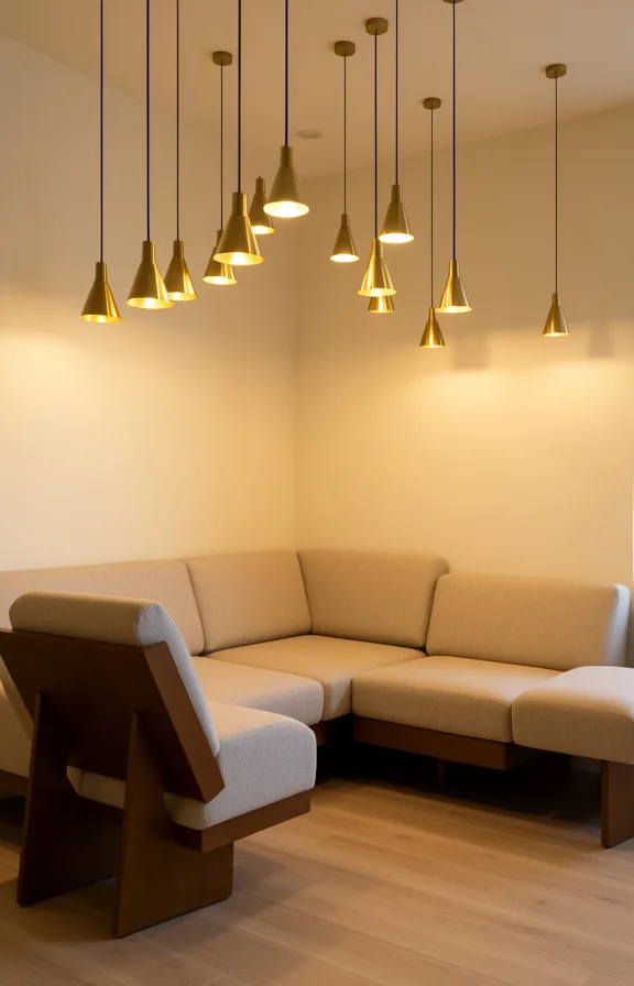 soft golden light pooling on neutral upholstered furniture