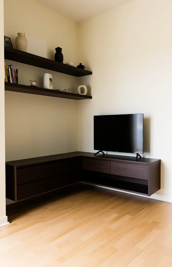 open shelving displaying decorative objects, cream wall behind