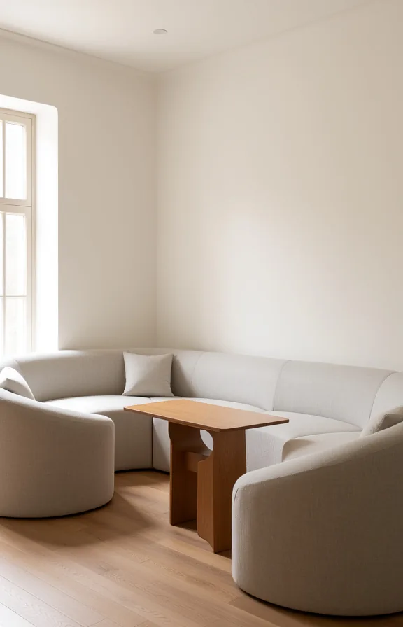 3/4 view of an L-shaped space with curved furnishings that soften the angular walls