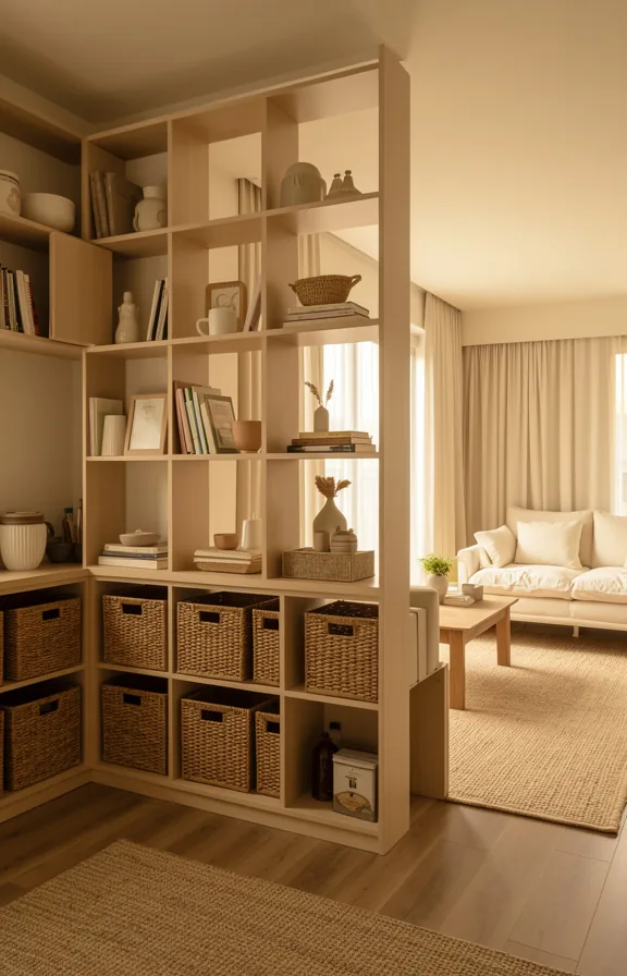 woven baskets on lower shelves for storage, neutral wood and cream tones