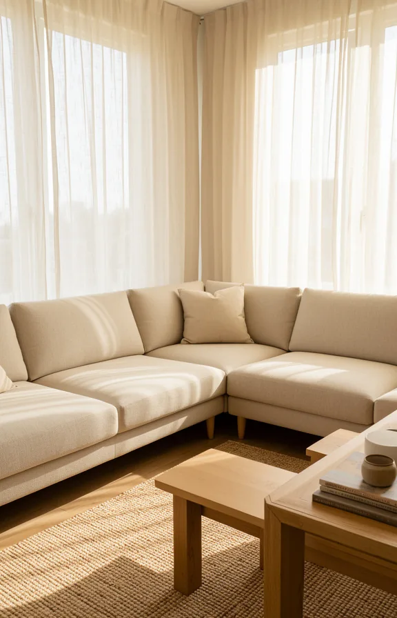 soft filtering of natural light throughout space, neutral upholstered seating beneath window