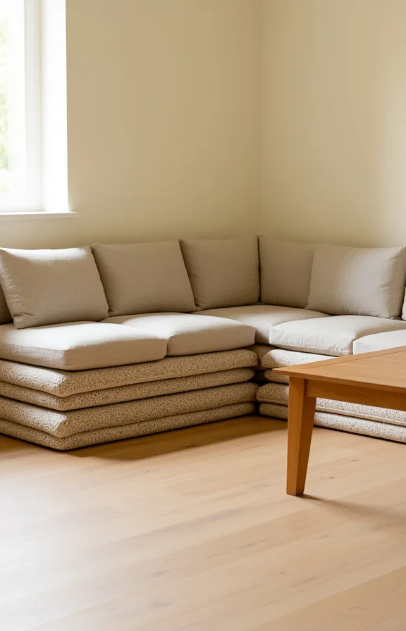 3/4 view of an L-shaped seating corner with layered floor cushions in natural linen and wool prov