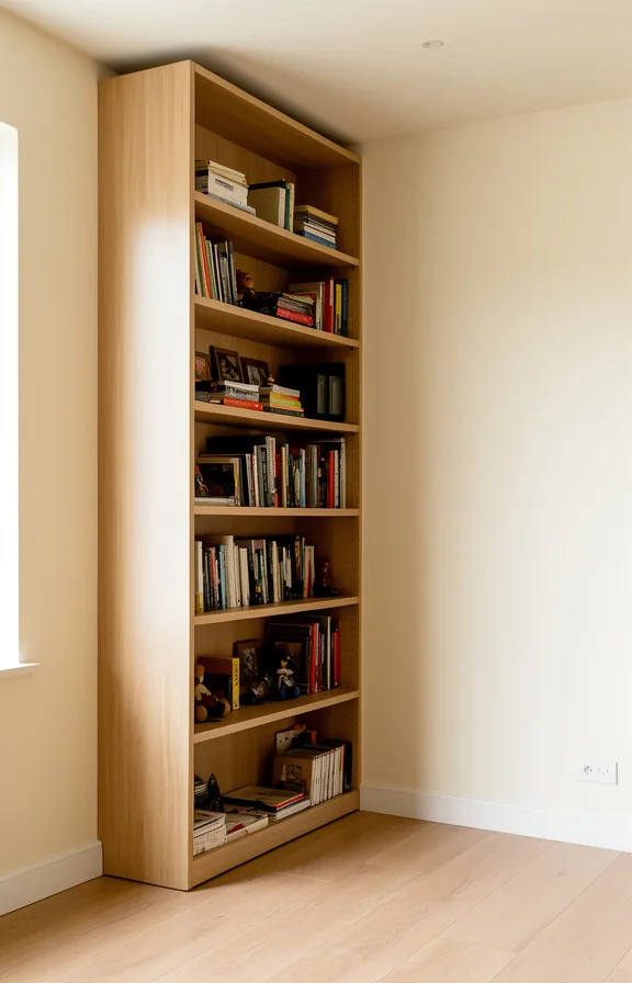 books and objects organized on shelves, neutral wood tone