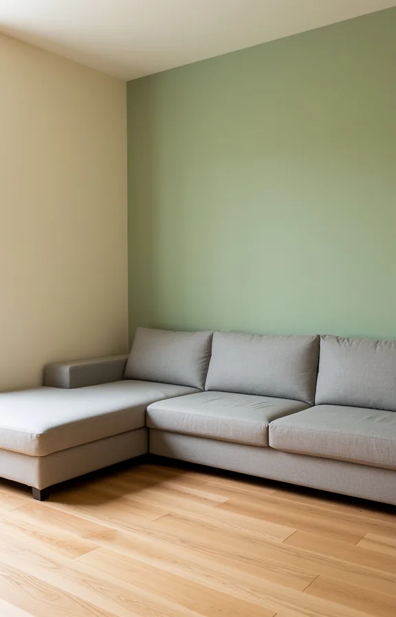 remaining walls in warm cream, neutral grey sofa against accent wall