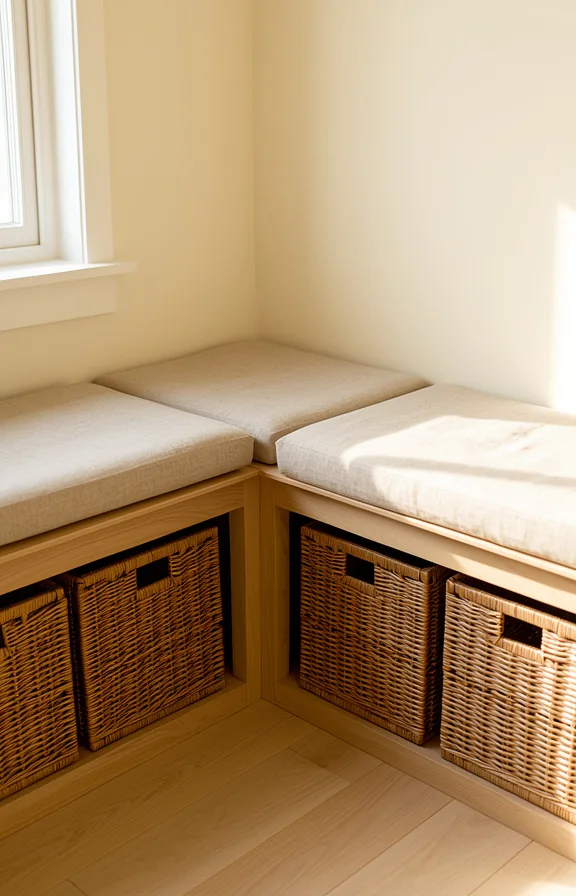 3/4 view of an L-shaped corner with a wooden storage bench positioned under a window
