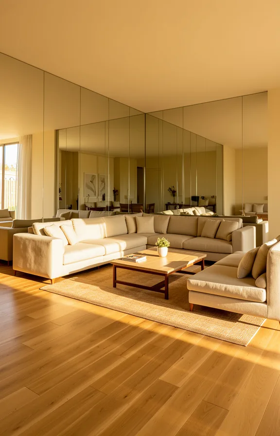 neutral furnishings and cream walls surrounding mirror, wooden flooring