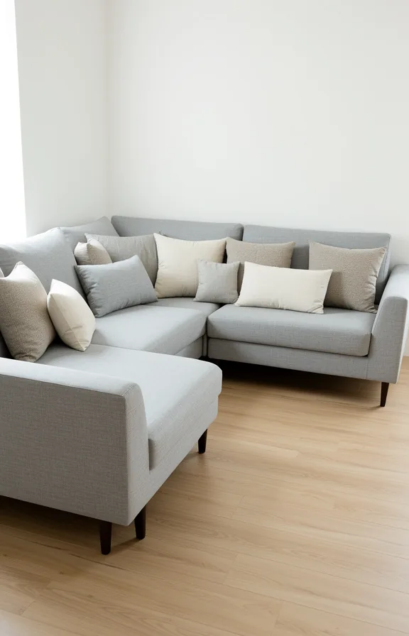 light grey upholstery, removable cushions in neutral tones