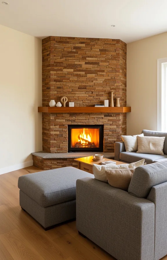 3/4 view of an L-shaped living room with a fireplace feature wall at the inner corner