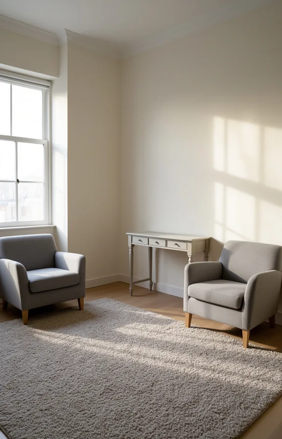 one facing the window and one toward a small console