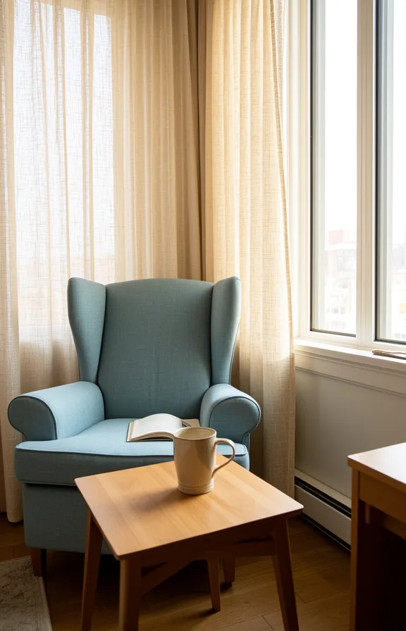 3/4 view of an L-shaped apartment corner with a cozy reading nook positioned under tall windows