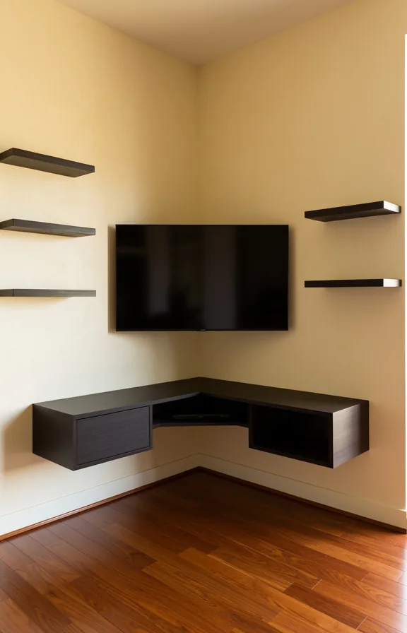 mounted television above, floating shelves for storage on either side