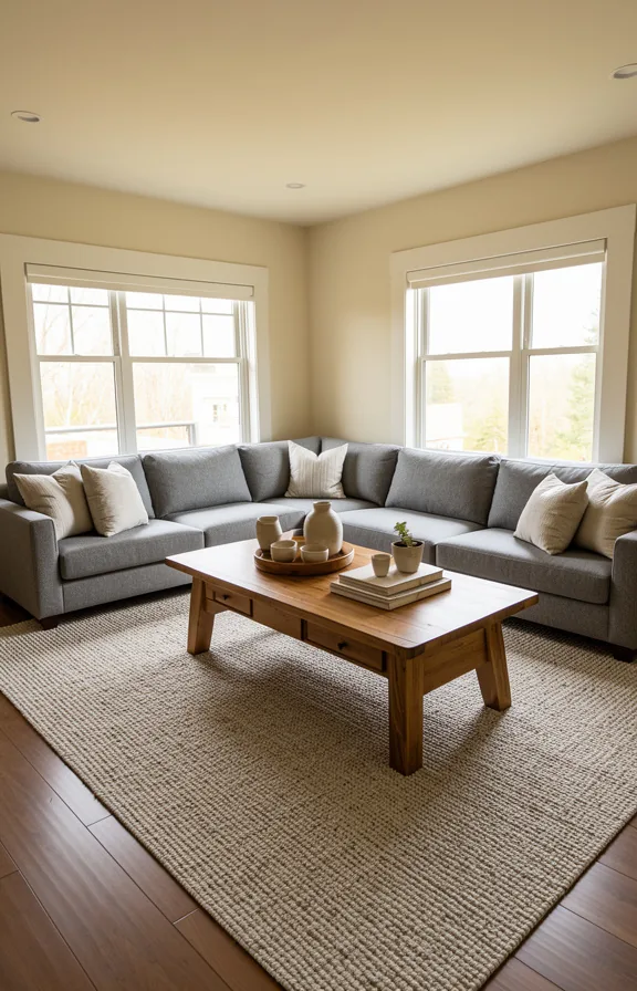 3/4 view of an L-shaped living room with a large neutral area rug defining the seating zone