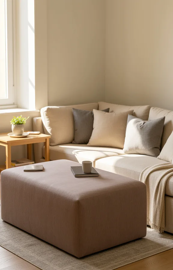 surrounded by neutral furnishings, light wood frame side table beside it