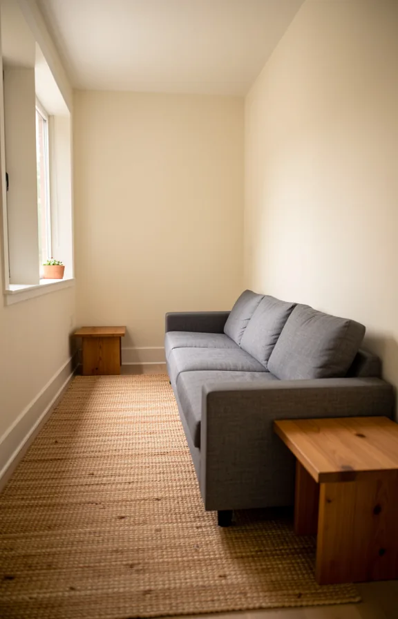 two low wooden side tables flanking it, a woven area rug anchoring the seating