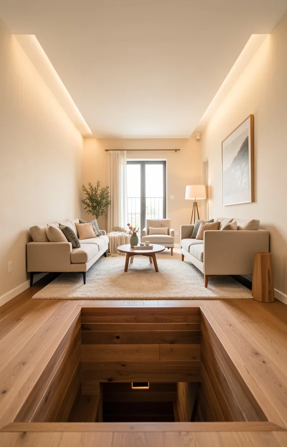Complete narrow living room with a sunken floor lounge pocket several inches lower