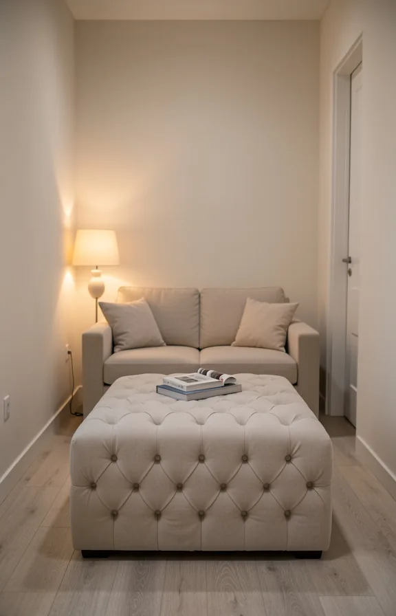 Full view of a narrow room with a large tufted ottoman serving as both coffee table and additiona