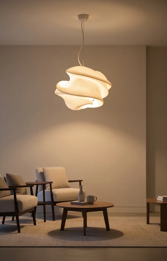 Complete living room scene with a sculptural pendant light fixture as the focal point above a sma