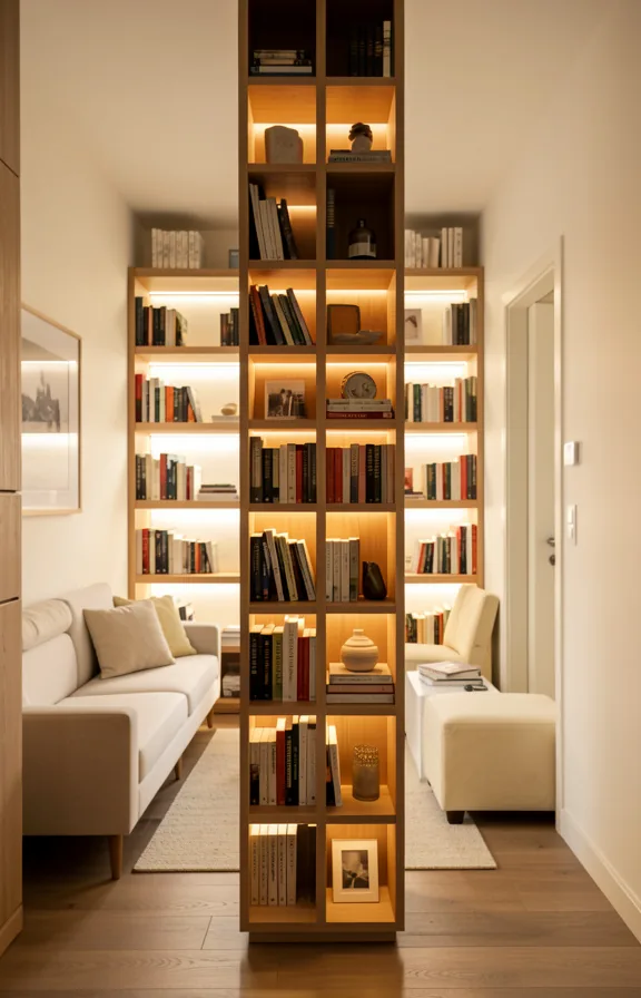 seating visible on both sides, soft natural and artificial light through shelves