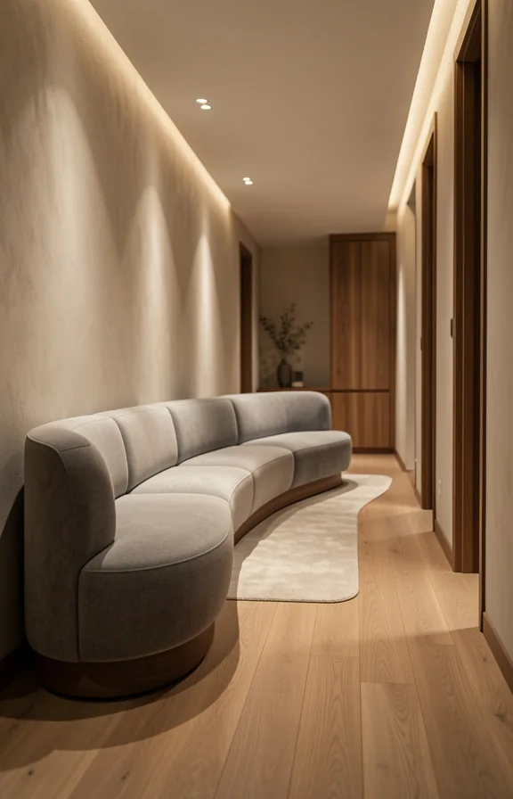 Full curved furniture arrangement in a long narrow room with a rounded sofa following the wall