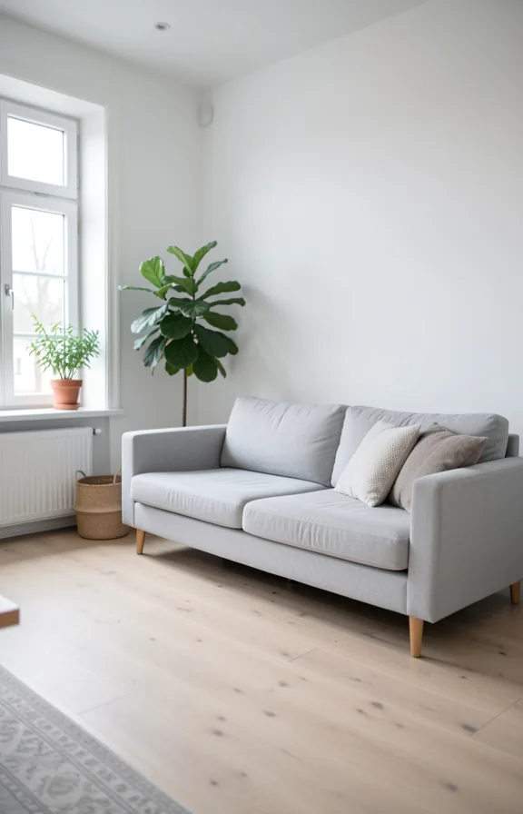 Complete Scandinavian living room with pale wood floors