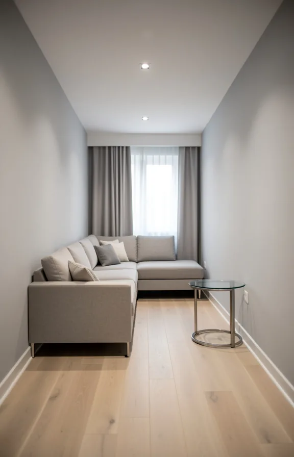 Full view of a long narrow living room with an angled sectional sofa tucked into one corner