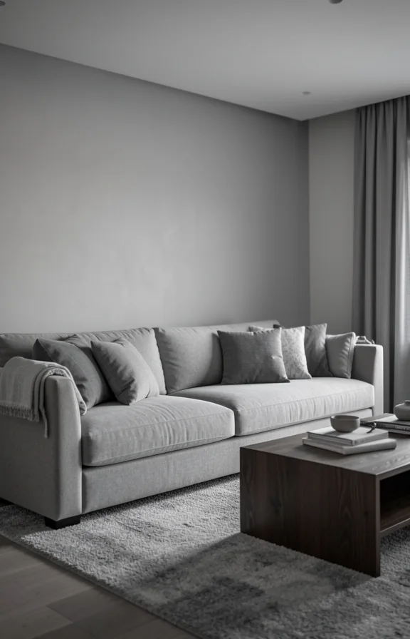 Full monochromatic living room with varying shades of soft gray: walls