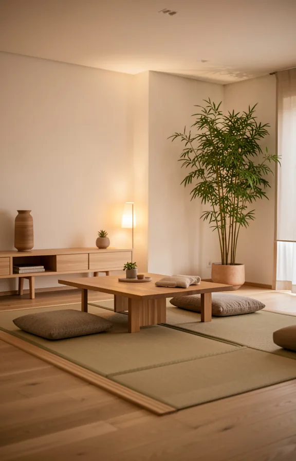 natural wood elements, pale walls, soft ambient lighting