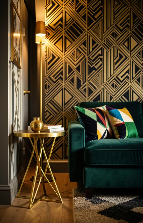 Full narrow living room with Art Deco geometric patterns: patterned wall panel