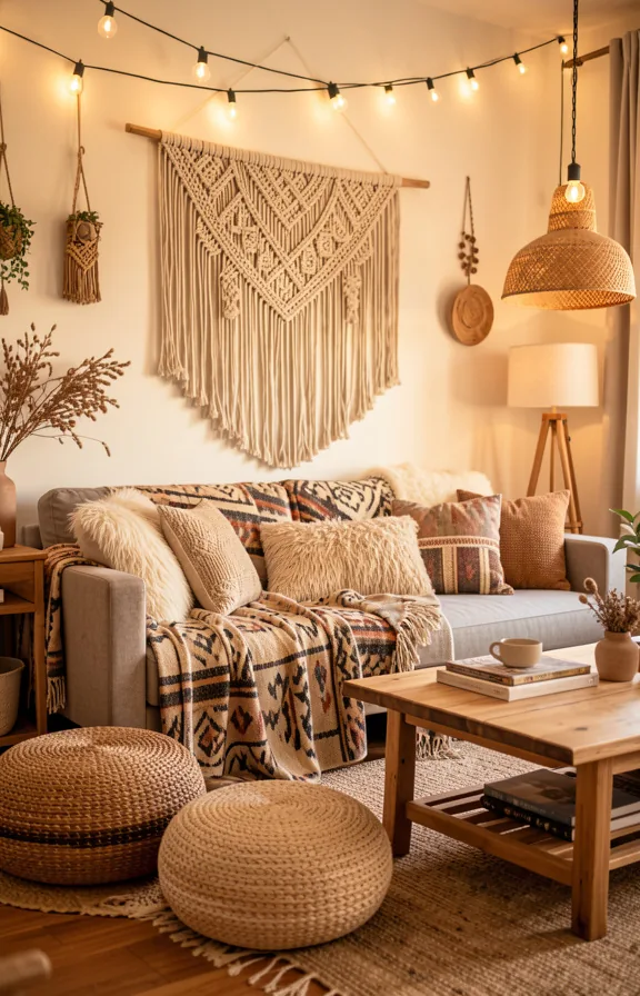 Complete bohemian living room with layered textures: macramé wall hanging