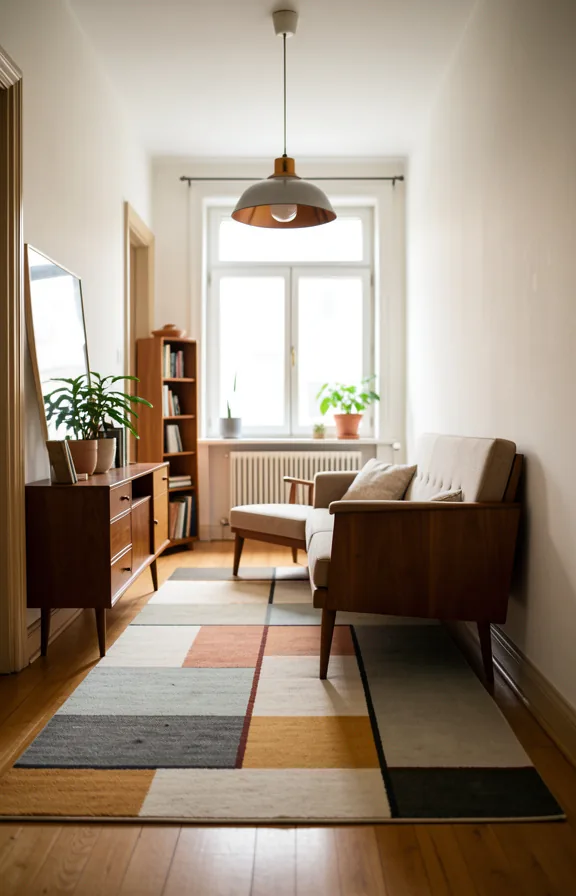 tapered furniture, warm wood tones, simple geometric rug