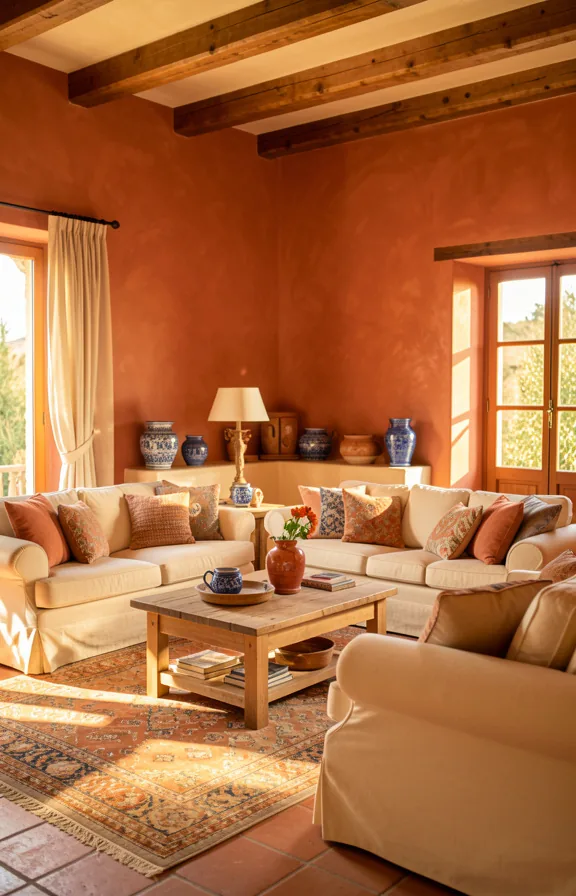 Full Mediterranean living room with terracotta accent wall