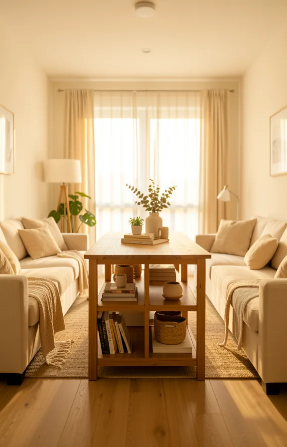 Complete view of a narrow apartment living room divided by a double-sided wooden console table wi