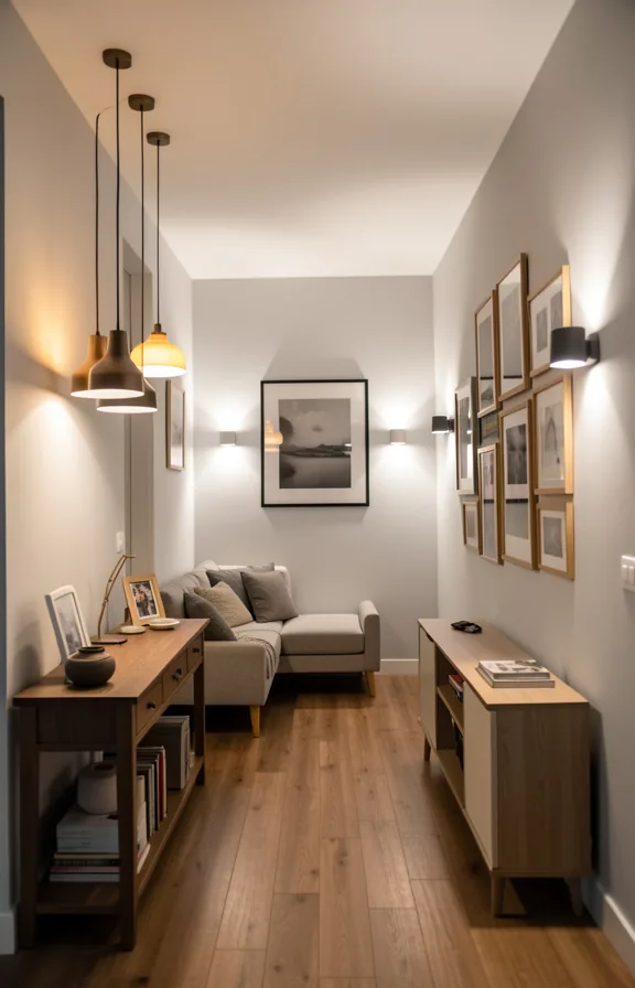 wall sconces beside a small sofa, framed gallery wall above a low media unit