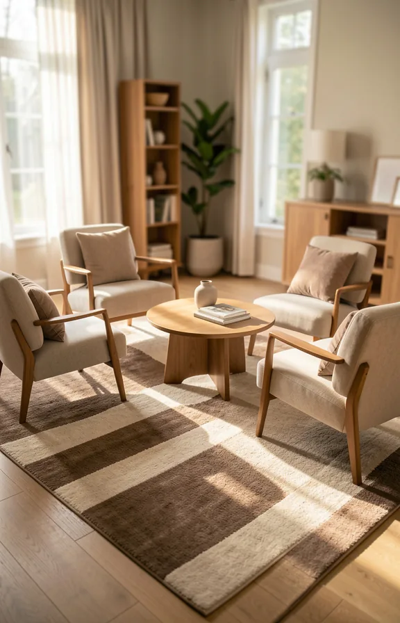 Complete living room view with a diagonal area rug anchoring a compact seating arrangement