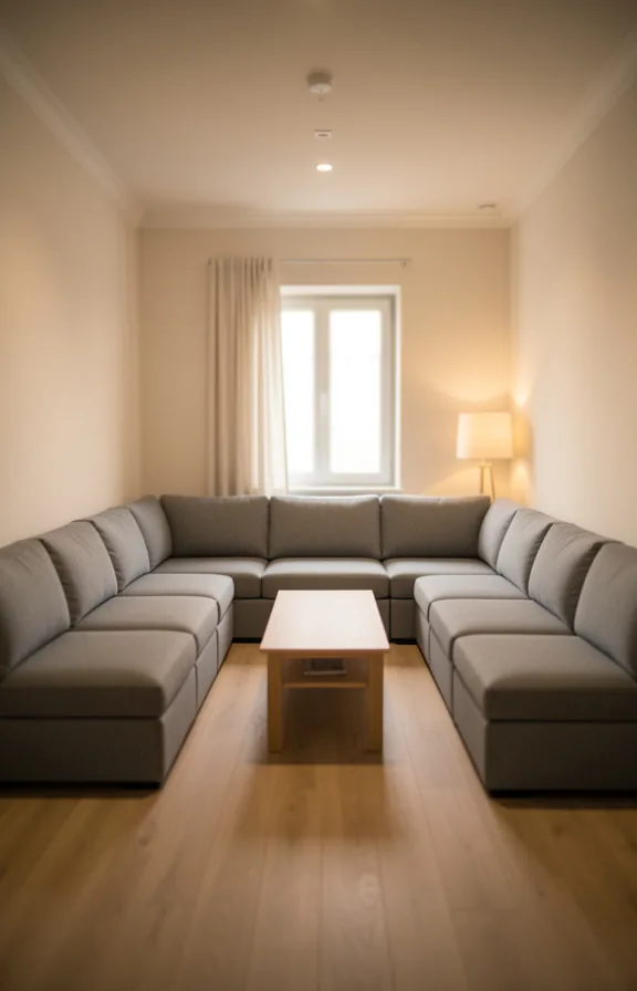Full modular sofa setup in a narrow living room with pieces arranged in an L-shape