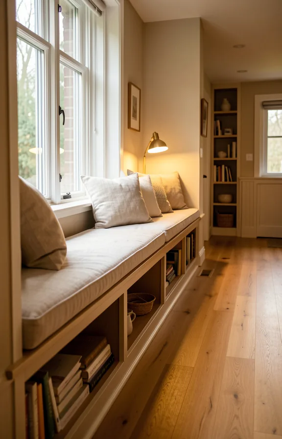 upholstered in soft linen, deep shelving below, throw pillows and reading light
