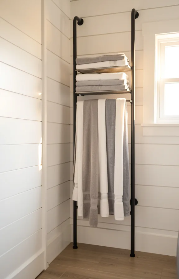 a sleek vertical wall-mounted drying rack displaying folded linens in soft grays and whites