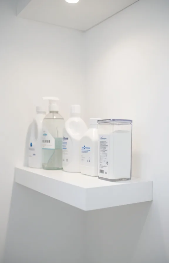 3/4 perspective of a white floating shelf displaying glass bottles of detergent