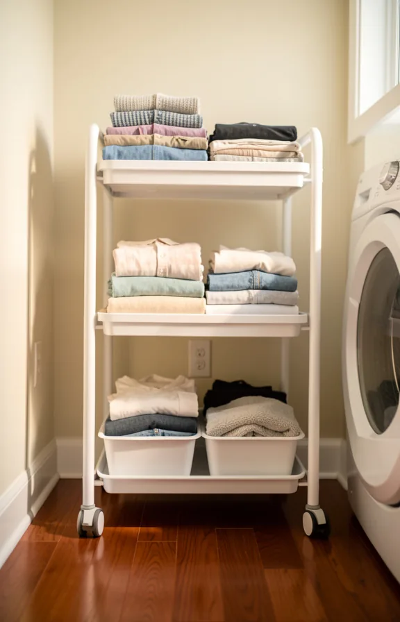 each tier sorted by garment category, polished wood flooring