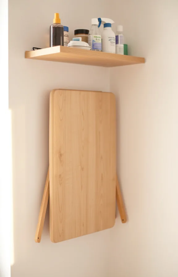 3/4 angle showing a wall-mounted fold-down ironing board in light wood