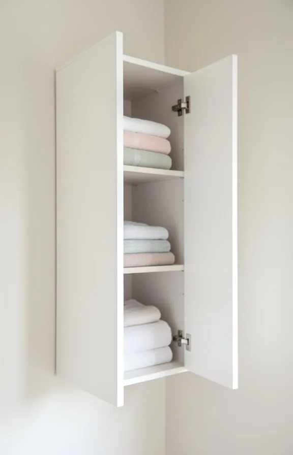 3/4 perspective of a slimline cabinet with white doors mounted on pale walls