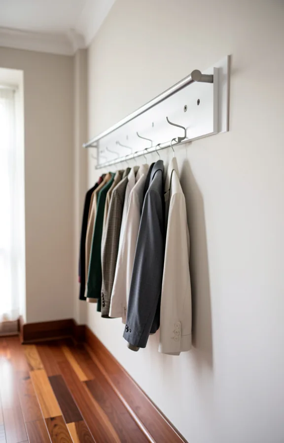 Medium angle of a white wall section with adhesive hooks holding a sleek coat rail